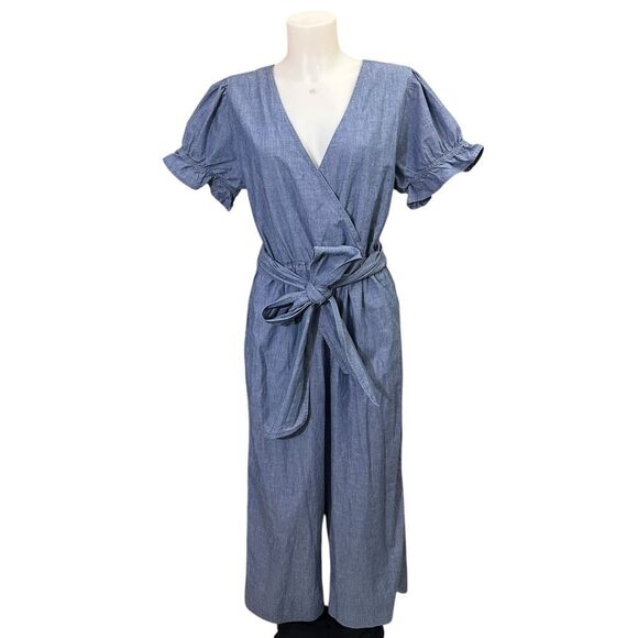J.Crew Pants - J. Crew Ruffle Chambray Puff Sleeve Jumpsuit Wide Leg 100% Cotton Size 12
